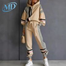 2026 Frühling Plus Größe Hose Sets Amerikanischen Streifen Runde Ne Sweatshirt Hosen Set frauen Casual Spor Zwei-stück Winter Lose Fit Faion