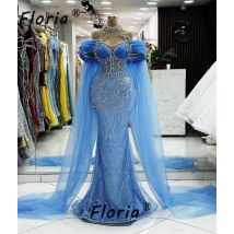 High Event blaue Meerjungfrau Abendkleider mit langen Schals von der Schulter Silber Kristall Fransen Quasten verheiratet Party kleid eleganten Abschluss ball