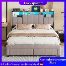 Lazyspace Modernes Polsterbett aus Leinen, Kopfteil mit LED-Licht + 2 Bettrahmen mit Schubladen, Schlafzimmermöbel für Zuhause, 140/160 x 200 cm
