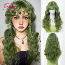 Lange lockige grüne Wellen-Synthetik-Perücken mit Pony für Frauen, Weihnachten, Grasgrün, Cosplay-Perücken, täglich, natürliches Haar, hitzebeständig