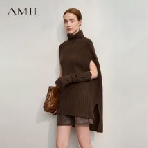 AMII Damenpullover 2025, Winter, neuer moderner Rollkragenpullover, langer Pullover, gestrickt, solide, vielseitige Damen-Cape-Tops 12554034