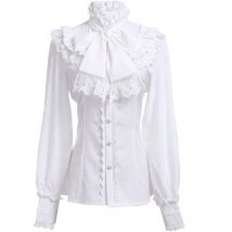 Vintage Ruffles White Shirts Women Japanese Preppy Lolita Bow Bandage Blouses Gothic Lace Patchwork Black Long Sleeve Slim Tops