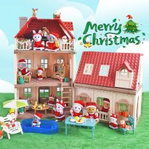 Christmas Forest Family Villa Reindeer Rabbit Animal School Bus Simulation Dollhouse Playset Play House Toy Accessories Xma Gift