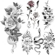 Rose Blume temporäre Tattoos für Frauen schwarz Gänseblümchen Schlange gefälschte Tattoo Aufkleber Feder große Blätter wasserdichte Tattoo Bady Armband
