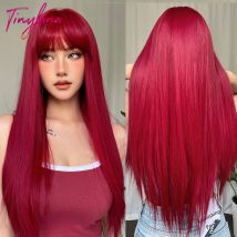 Natürliche weinrote Cosplay-Synthetik-Perücken, langes glattes Haar mit Pony für schwarze Frauen, Party, Alltag, Halloween, hitzebeständige Perücke
