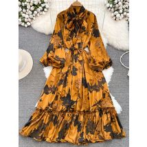 Spring Autumn New Women's Long Sleeved Dress Temperament Loose Large Size Lace Up printed long Dress Female C329