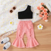 Patpat 2 stücke Baby 100% Baumwolle zerrissen Denim Flare-Sleeve Jeans und ein Schulter Crop Tank Top Set für die Sommersaison geeignet