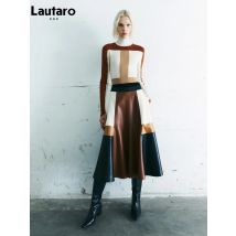 Lautaro Frühling Herbst lange Farbe Block Patchwork weichen Pu Leder Minirock Frauen hohe Taille Luxus eine Linie Kleidung Mode