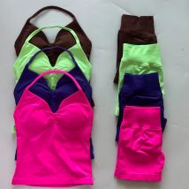 Conjunto de gimnasio sin logotipo para mujer, camisetas sin mangas con espalda descubierta, pantalones cortos sin costuras de cintura alta, traje de gimnasio, ropa deportiva, conjunto de