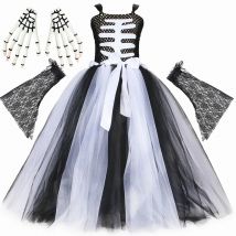 Gruselige Skelett Halloween Kostüme Mädchen schwarz gruseligen Geist lange Tutu Kleid Kinder tot des Tages Karneval Outfit mit Spitzen ärmel