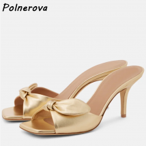 Twist Gold Hausschuhe Karree Dünne Fersen Slip On Solide Freizeit Outdoor Hausschuhe Damen Sommer Mode Stiletto Schuhe 2025