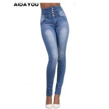 Damen-Jeans mit Knopfleiste für große Mädchen, hohe Taille, Stretch, Levanta Cola, gute dehnbare Knöchel, 80er-Jahre-Jeanshose, schmale Jeanshose, Blau