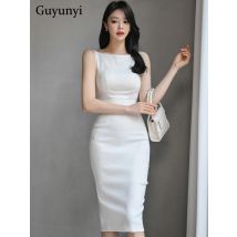 Elegantes Büro Dame Kleid weiß Sommer Slim Fit koreanischen O-Ausschnitt ärmellose Einfachheit Jacquard-Stil eng anliegende Kleid Frauen