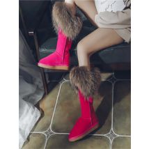 G&Zaco Natural Fox Fur Snow Boots Women Genuine Cow Suede Leather Boots Winter Black Mid-calf Knee Boots Raccoon Warm Flat Boots