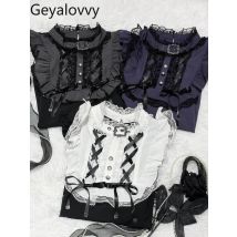 Spring and Autumn New Japanese Gothic Style Stand Collar Tops Sweet Cute Versatile Blouse Lace Long Sleeve Shirt for Girls
