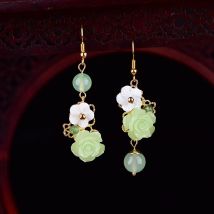 Orecchini con fiori di giada verde Gioielli da donna Pietra preziosa Cristallo Zircone naturale Calcedonio Amuleto Fascino di moda Regali fortunati