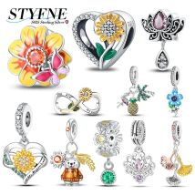Squisito ciondolo in argento sterling 925 con serie di fiori, perline, girasole, Sakura, crisantemo, per gioielli da donna, regalo di moda