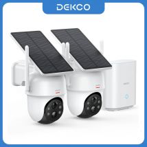 Sistema di Telecamere Solari Dekco 3MP, Kit 2 Telecamere Wireless 360° °   Set di Telecamere di Sorveglianza PTZ WiFi con Hub Domestico Compatibile con Alexa