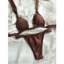 Tiedown-Bikini für Damen, Dreieck-Bademode, Badeanzug, brasilianisches 2-teiliges Falten-Bikini-Set, solider Push-Up-Badeanzug, Neu 2024