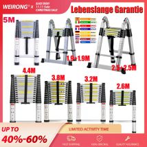 DayPlus Teleskopowa aluminiowa składana drabina 2,6 M-5 M, uniwersalna, antypoślizgowa, wysuwana, płyta, lekka, udźwig 150 kg