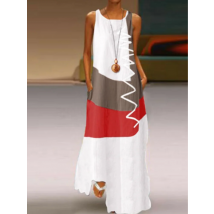 Ärmelloses Damenkleid mit Rundhalsausschnitt, sexy, kurzärmelig, Patchwork-Druck, Straße, vielseitiges, künstlerisches Sommerkleid im Retro-Stil