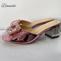 Colorful Rhinestone Square Buckle Summer Mules Luxury Patent Leather Slingbacks Jeweled Diamond Heel Sandals Women