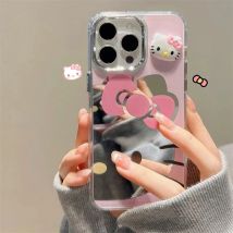 Luxury Cute Hello Kitty Glitter Bow Diamond KT Make Up Mirror Phone Case For iPhone 13 14 15 16 Pro Max Pink Kitty Protect Cover