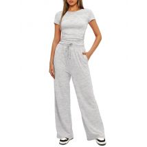 Summer Solid Loose Casual Tracksuit Women's Two Pieces Set O Neck Short Sleeves T-shirts and Wide Leg Pants Sets Sportswear Set