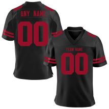 Maßgeschneidertes American-Football-Trikot, Schwarz-Rotes Football-Shirt, Personalisierter Aufdruck mit Teamnamen und Nummer, Trikots für Männer, Frauen, Jugendliche und Kinder