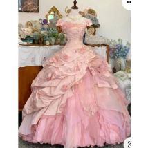 EVLAST Customized Princess Pink Quinnceanera Dress Ball Gown 3D Floral Applique Beaded Corset Sweet 16 Vestidos De 15 Anos SQ536