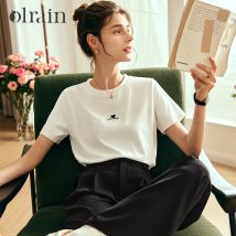 OLrain Einfaches Gestricktes T-Shirt für Damen 2026 Frühling Sommer Basic Gerades Stickerei-Kurzarm-Rundhals-Shirt O23XT83019
