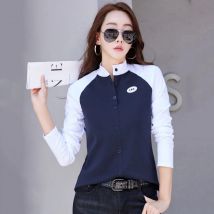 New Women Long Sleeve T-shirt Autumn Winter Fashion Casual Button Stand Collar Contrast Color Patchwork Slim Pullover Tees Tops