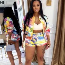 HLJ Fashion Starry Sky Print Woman 2 Piece Set Outfit Color Block Short Sleeve Top and Shorts Matching Female Streetwear New
