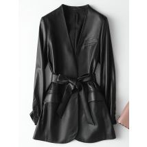Nerazzurri Autumn Black Soft Light Faux Leather Jackets for Women 2022 Deep V-Neck Belt Elegant Luxury Korean Fashion 6xl 7xl