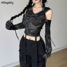 T-Shirts Frauen Kapuze Frühling lange Ärmel Distressed American Retro Kreativität solide Streetwear Mode schlank rücken frei aus geschnitten