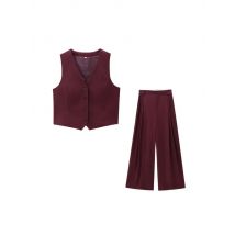 Damen-Weste mit Knöpfen vorne und plissierten Hosen mit hoher Taille und weitem Bein, zweiteilige Damen-Sets, modisch
