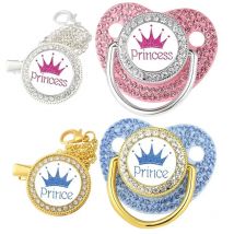 Luksusowe cyrkonie łańcuszek do smoczka dla niemowląt klipsy z pokrywką księżniczka książę korona smoczki noworodek silikonowy smoczek prezent na baby shower