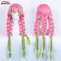 Parrucca cosplay Anime Mitsuri Kanroji lunga treccia rosa verde capelli resistenti al calore parrucche cosplay autentiche + cappuccio per parrucca