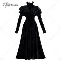 MEOWCOS Damen Halloween Gothic Schwarzes Samtkleid Vintage Taillenbetontes Kleid mit Rüschenumhang