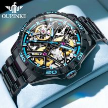 OUPINKE 3196 Blaue Uhr für Herren, originelles Automatikwerk, tief wasserdicht, aushöhlen, mechanische Armbanduhr für Herren
