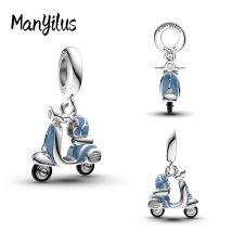 Manyilus S925 Ciondolo scooter blu argento per braccialetto originale, ciondolo gioielli da viaggio urbano fai da te, regalo di trasporto carino