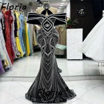 Robe Glitter schwarz Perlen arabische Abendkleid Neck holder Perlen Kristall formelle Frauen Ballkleider Nacht Party Anlass Kleider
