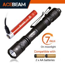 Linterna ACEBEAM TAC 2AA EDC recargable de amplio voltaje (1.2-4.8V) con LED y modo estroboscópico para defensa personal. Ideal para camping.