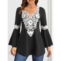 Frauen plus Größe Spitze Patchwork T-Shirt Langarm V-Ausschnitt Flare Ärmel lässig elegant plissiert A-Linie Herbst Langarm T-Shirts