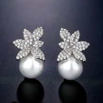 ZAKOL Mode Mikro Gepflastert Zirkon Blatt Imitation Perle Ohrringe für Frauen Wunderschöne Braut Ohrring Hochzeit Schmuck