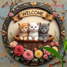 1PC Circular Metal "Three Cats Welcome" Sign - Vibrant & Peaceful Decor | Living Room/Bedroom/Porch