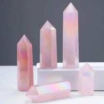1PC Natürliche Aura Rosenquarz Kristall Punkt Zauberstab Heilstein Energie Quarz Hause Dekoration Reiki Poliert Stein Chakra Turm