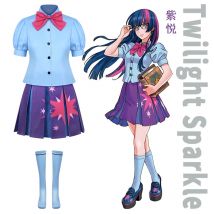 Twilight Sparkle Cosplay Costume Little Cos Pony Outfit Set with Top Skirt Bow Socks for Halloween Party Wig Optional