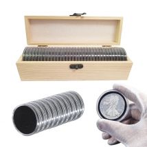 33-teiliges Münzkapseletui aus durchsichtigem Kunststoff mit Organizer-Box aus Holz und schwarzen Dichtungen für die Münzaufbewahrung von 16/20/25/27/30/35/40/46 mm