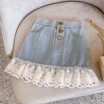Mädchen Jeans rock neue Kindermode Spitze Patchwork Jeans rock Baby süße lose kurze Rock Kinder kleidung